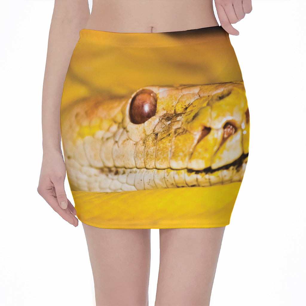 Yellow Python Snake Print Pencil Mini Skirt