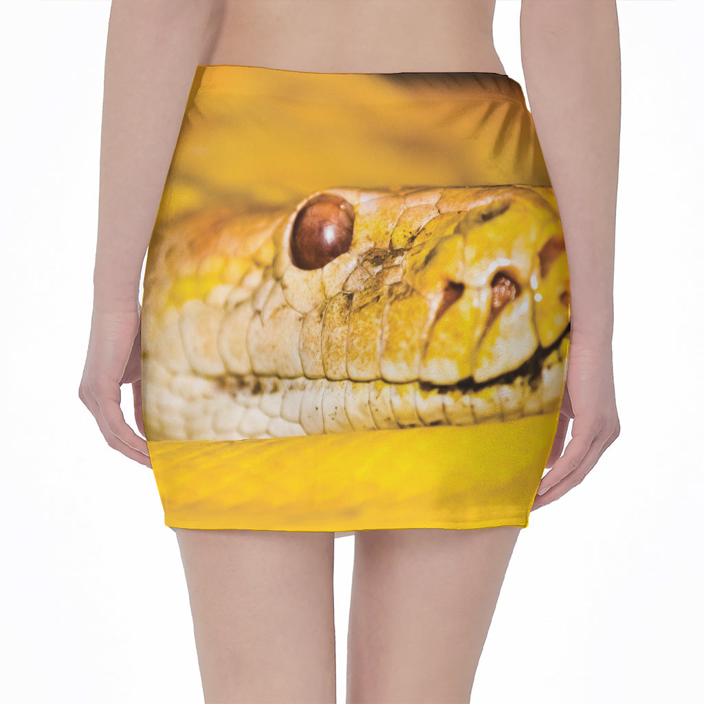 Yellow Python Snake Print Pencil Mini Skirt