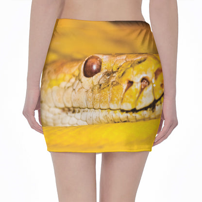 Yellow Python Snake Print Pencil Mini Skirt