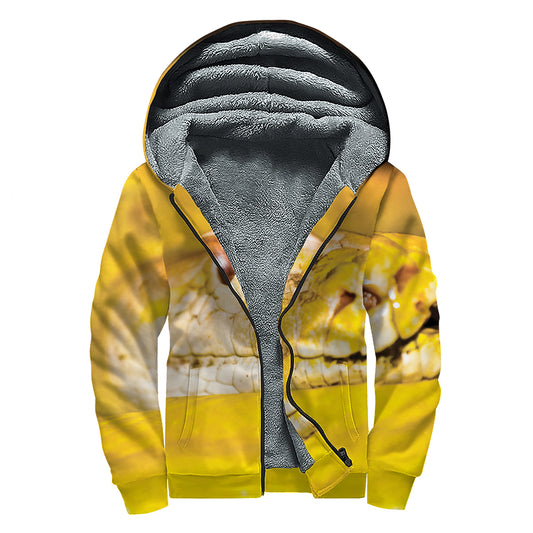 Yellow Python Snake Print Sherpa Lined Zip Up Hoodie