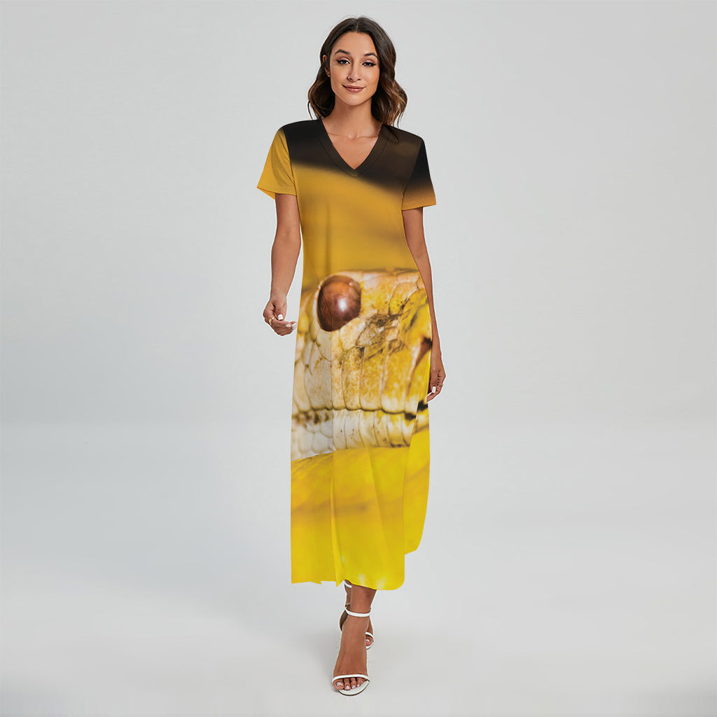 Yellow Python Snake Print Short Sleeve Maxi Dress