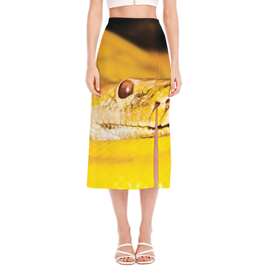 Yellow Python Snake Print Side Slit Midi Skirt