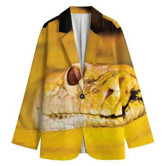 Yellow Python Snake Print Women's Cotton Blazer