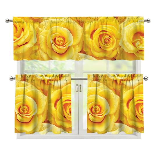 Yellow Rose Print 3 Piece Kitchen Curtains