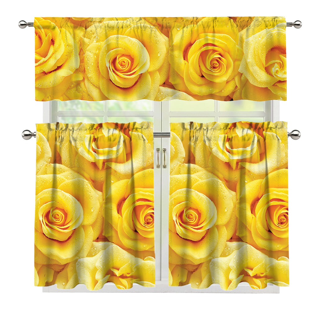 Yellow Rose Print 3 Piece Kitchen Curtains