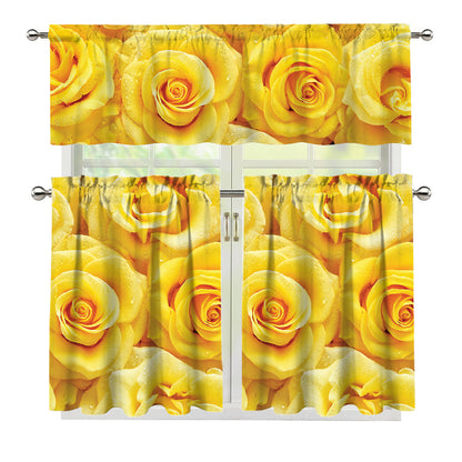 Yellow Rose Print 3 Piece Kitchen Curtains