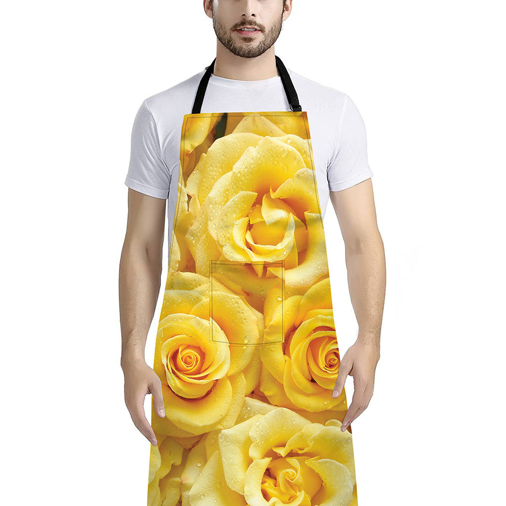 Yellow Rose Print Bib Apron With Pocket