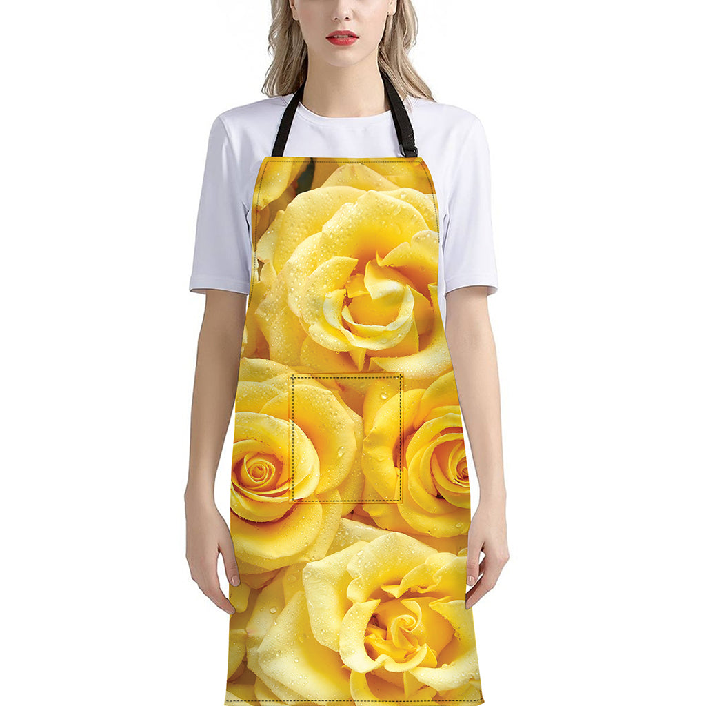 Yellow Rose Print Bib Apron With Pocket
