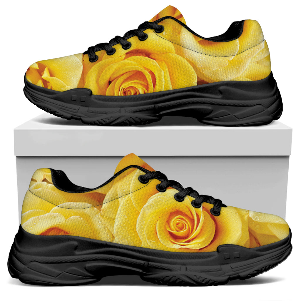 Yellow Rose Print Black Chunky Shoes