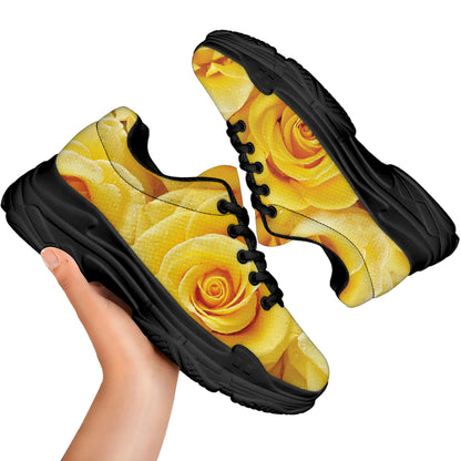 Yellow Rose Print Black Chunky Shoes