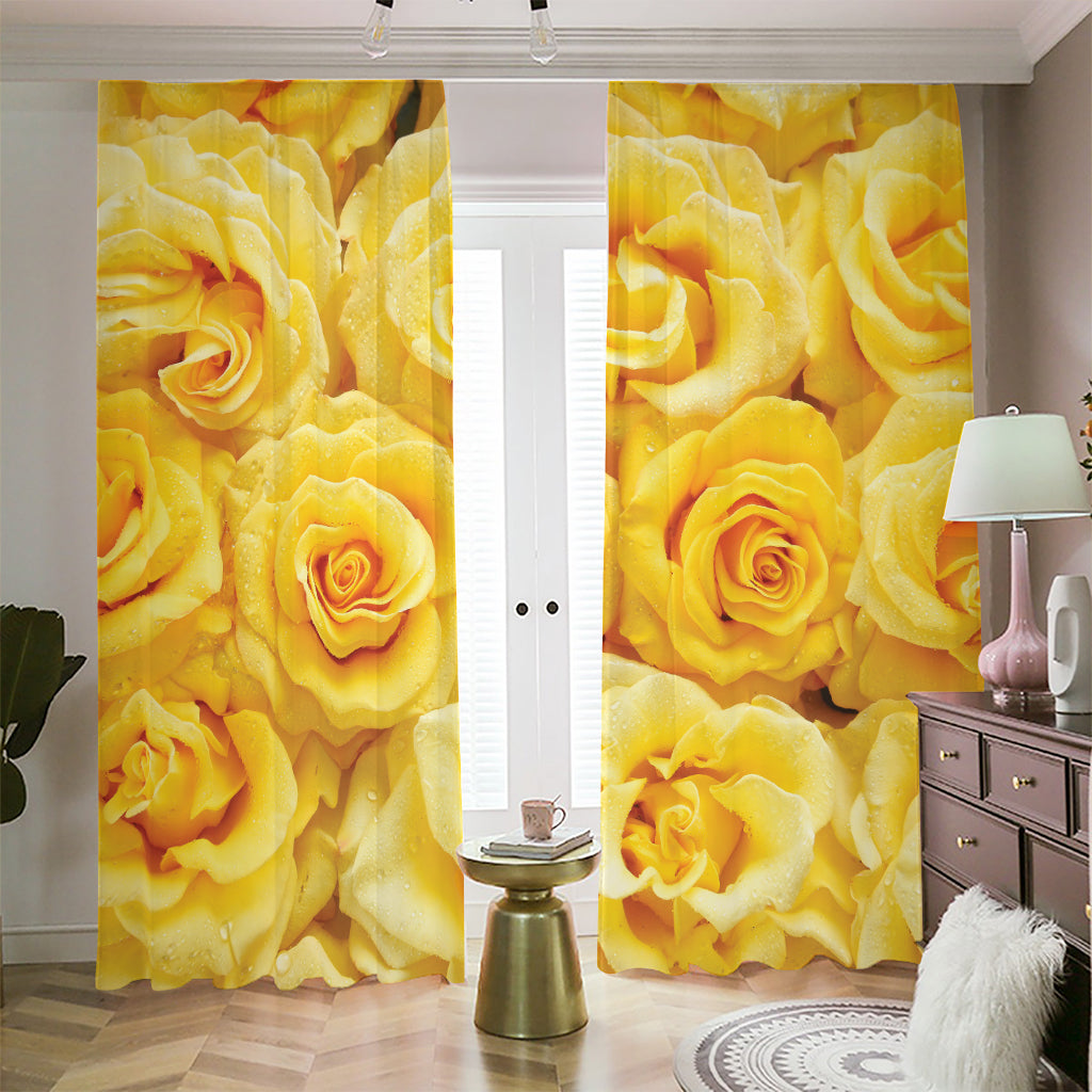 Yellow Rose Print Blackout Pencil Pleat Curtains