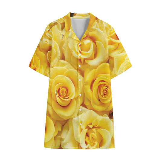 Yellow Rose Print Cotton Hawaiian Shirt