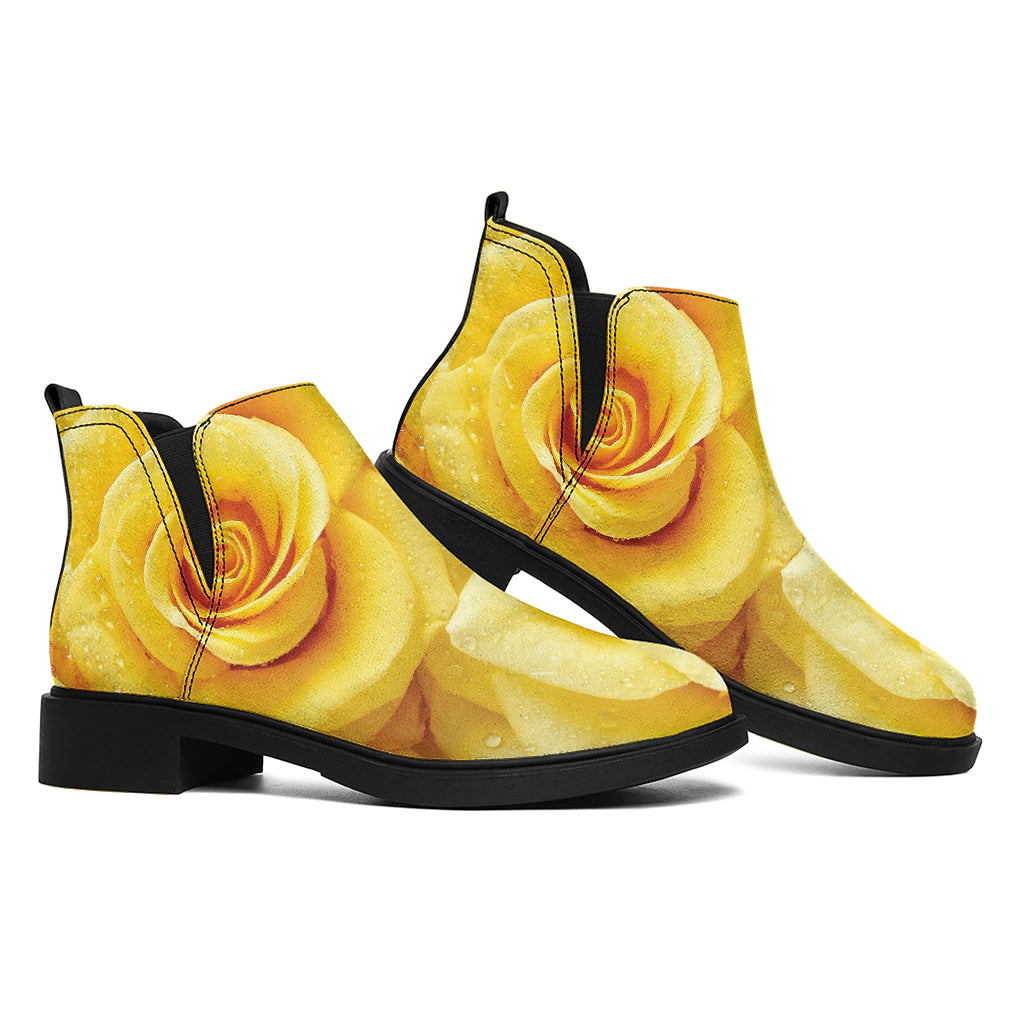 Yellow Rose Print Flat Ankle Boots