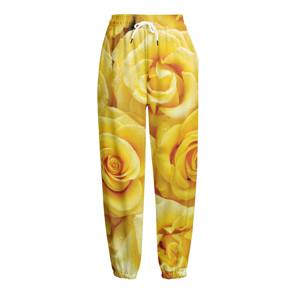 Yellow Rose Print Fleece Lined Knit Pants