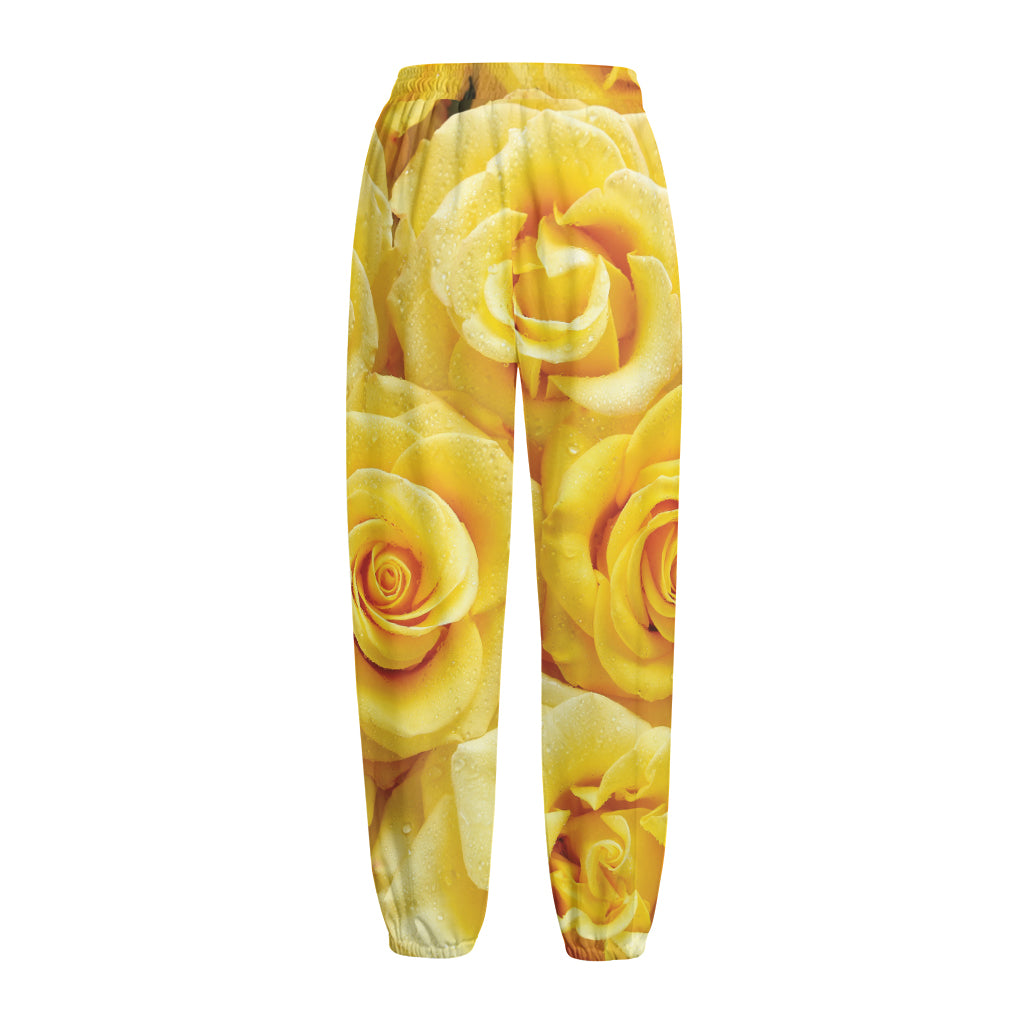 Yellow Rose Print Fleece Lined Knit Pants
