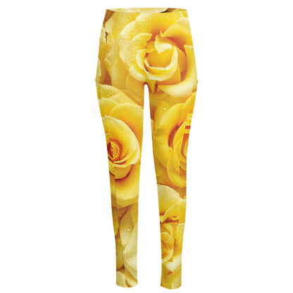 Yellow Rose Print High-Waisted Pocket Leggings