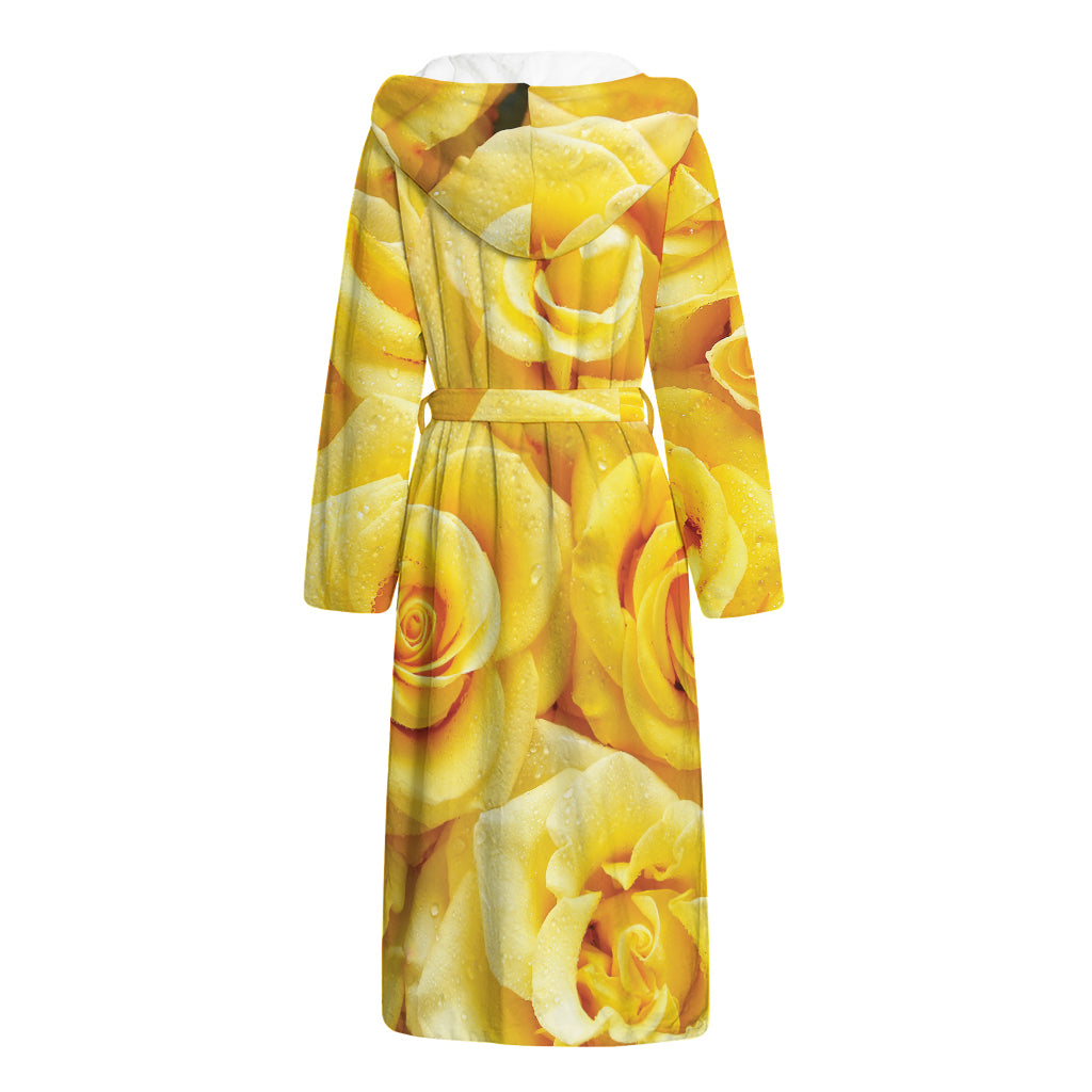 Yellow Rose Print Hooded Bathrobe