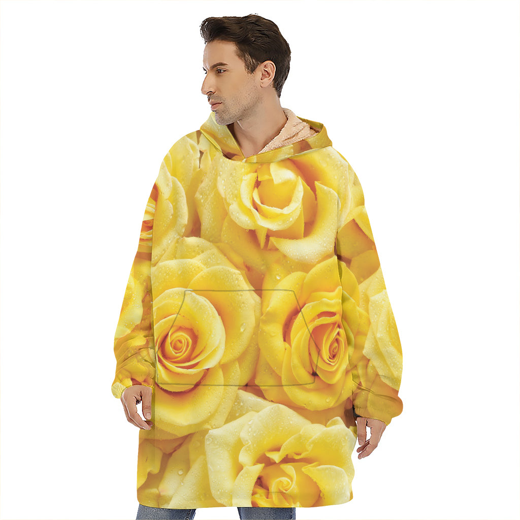 Yellow Rose Print Hoodie Blanket