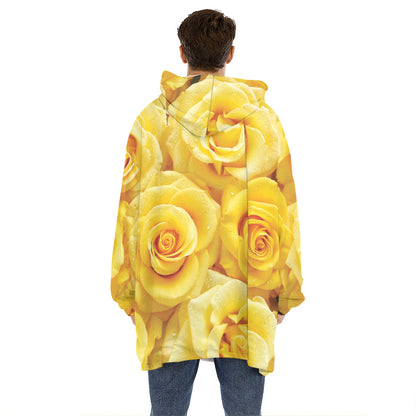 Yellow Rose Print Hoodie Blanket