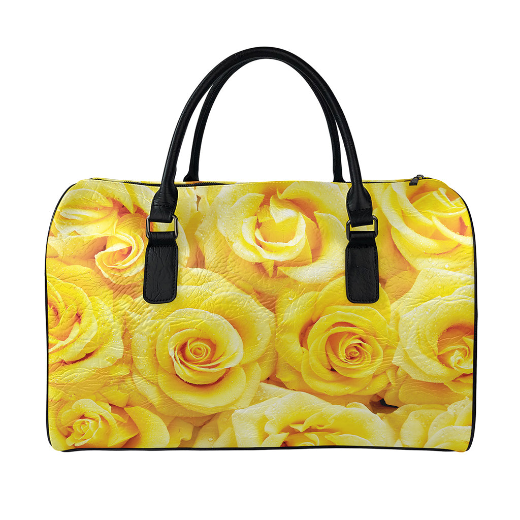 Yellow Rose Print Leather Duffle Bag