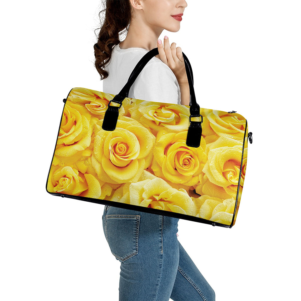 Yellow Rose Print Leather Duffle Bag