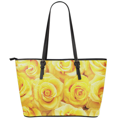 Yellow Rose Print Leather Tote Bag