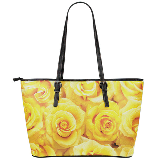 Yellow Rose Print Leather Tote Bag
