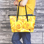 Yellow Rose Print Leather Tote Bag