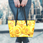 Yellow Rose Print Leather Tote Bag