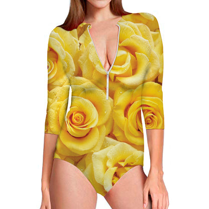 Yellow Rose Print Long Sleeve Swimsuit