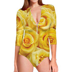 Yellow Rose Print Long Sleeve Swimsuit