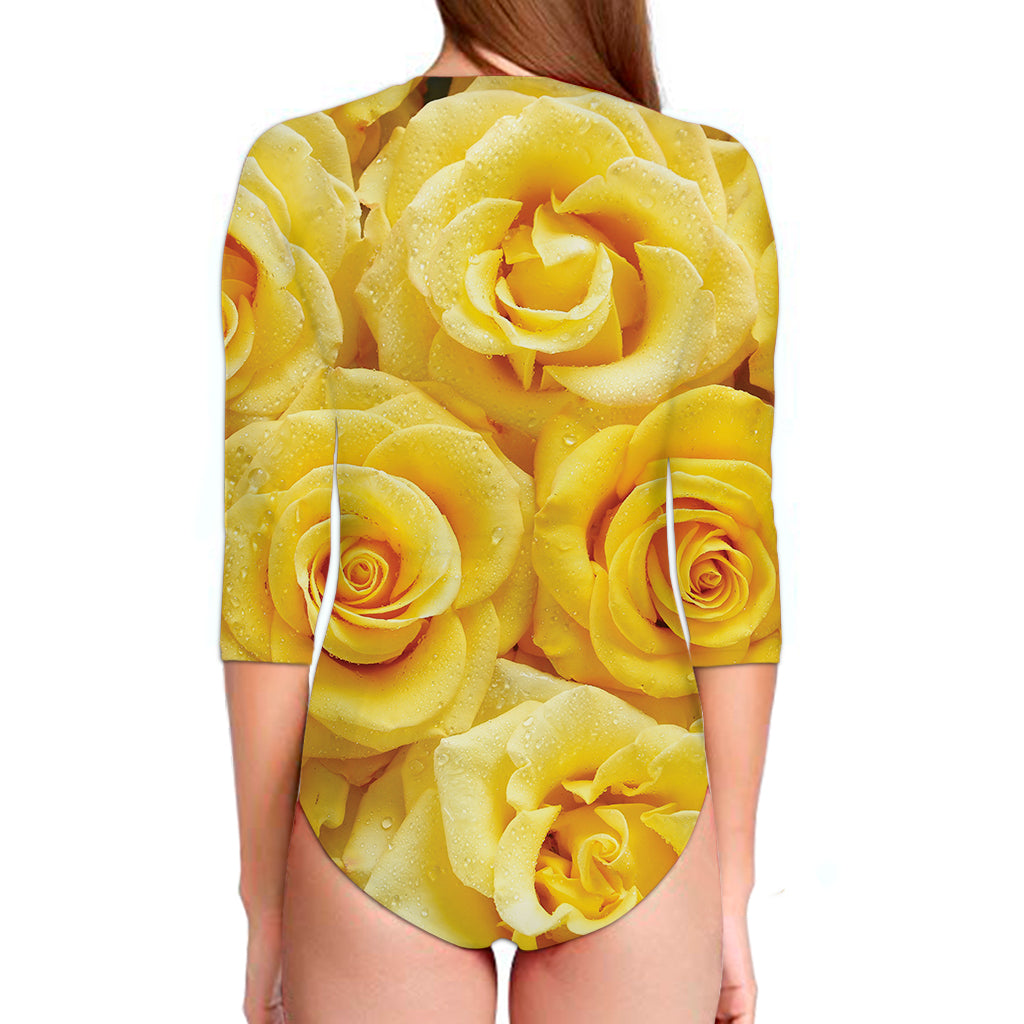 Yellow Rose Print Long Sleeve Swimsuit