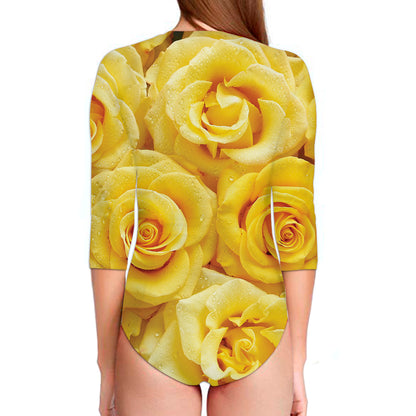 Yellow Rose Print Long Sleeve Swimsuit