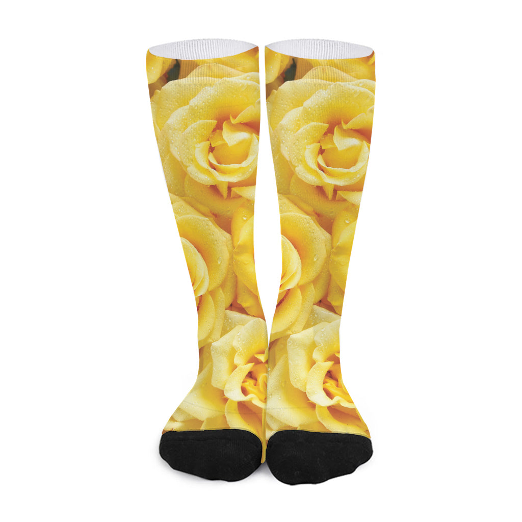 Yellow Rose Print Long Socks