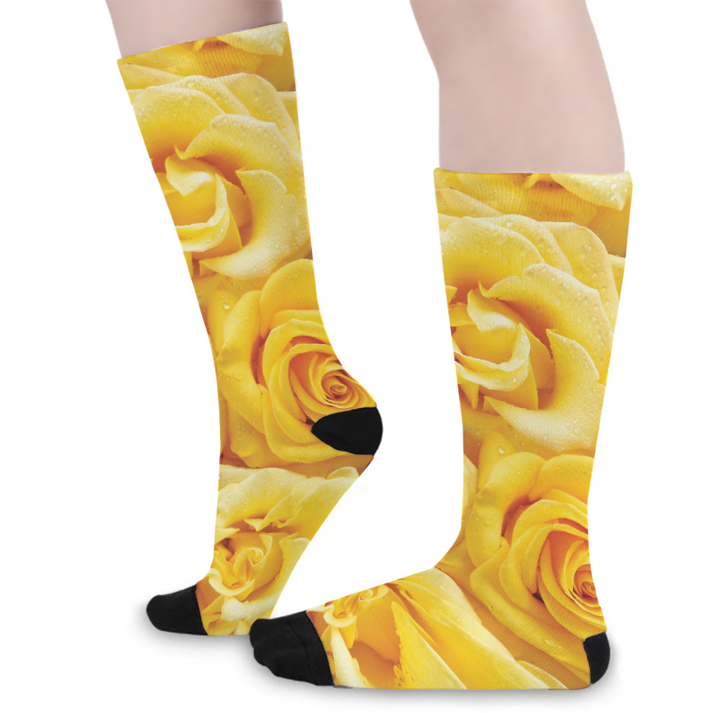 Yellow Rose Print Long Socks