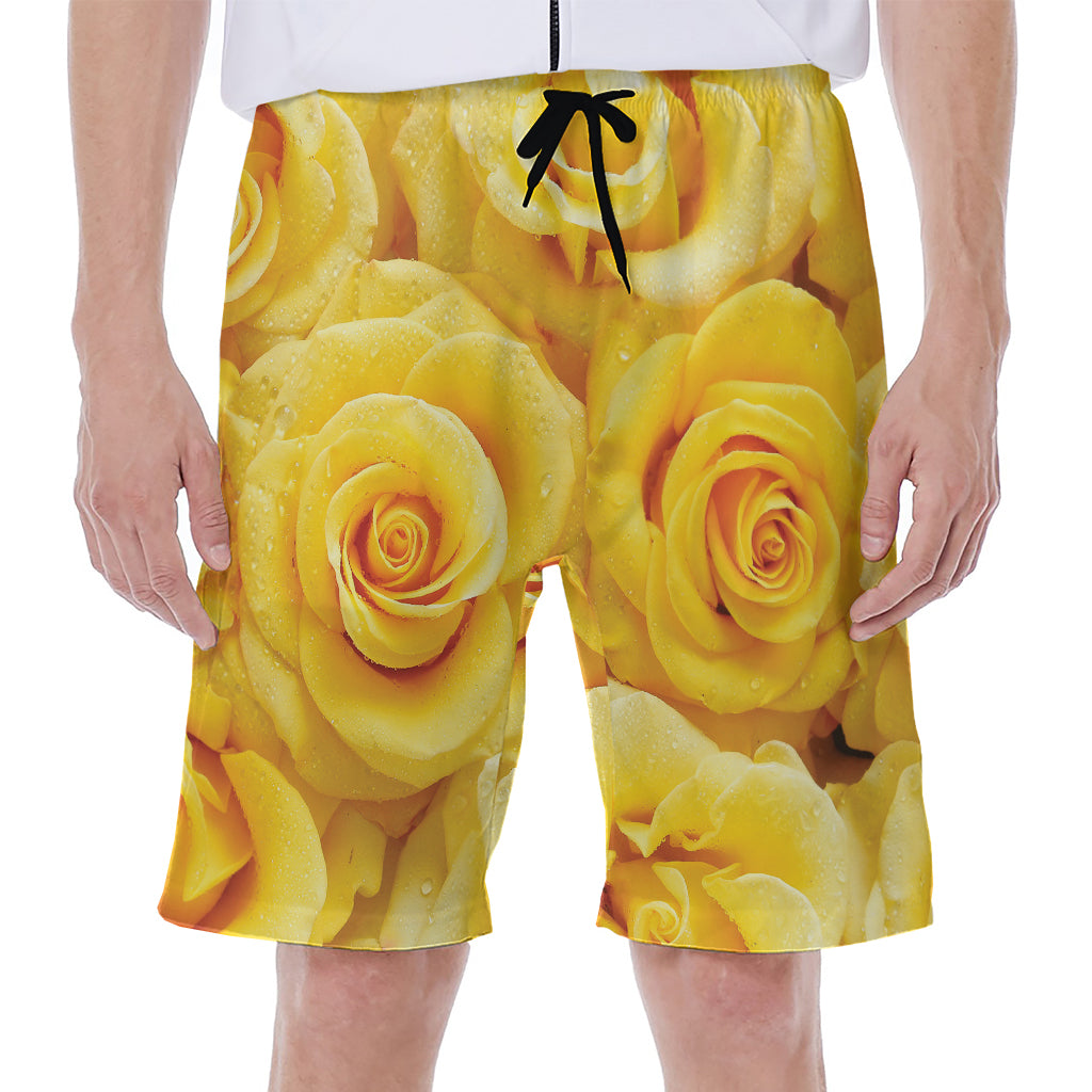 Yellow Rose Print Men's Beach Shorts