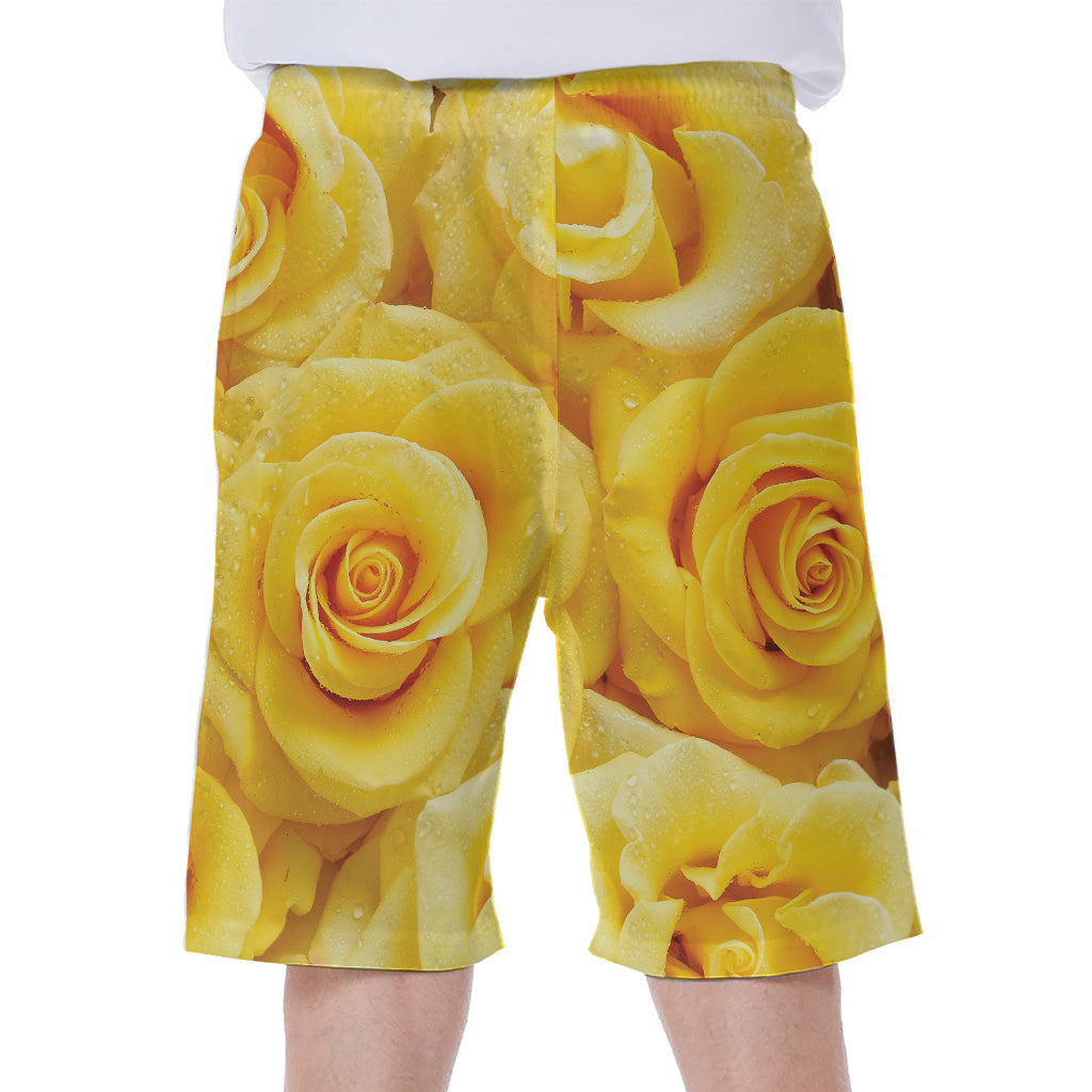 Yellow Rose Print Men's Beach Shorts