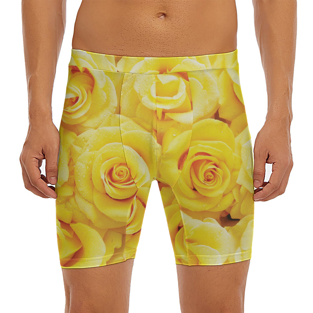 Yellow Rose Print Men's Long Boxer Briefs
