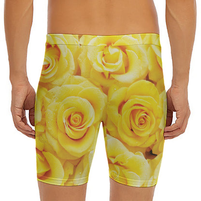 Yellow Rose Print Men's Long Boxer Briefs