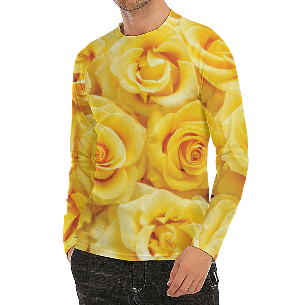 Yellow Rose Print Men's Long Sleeve Rash Guard