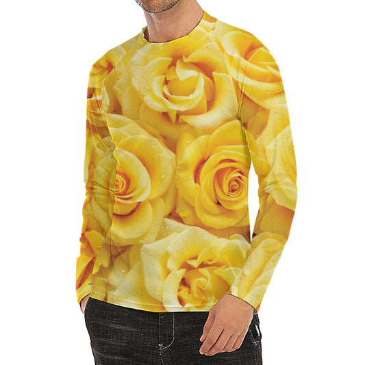 Yellow Rose Print Men's Long Sleeve Rash Guard