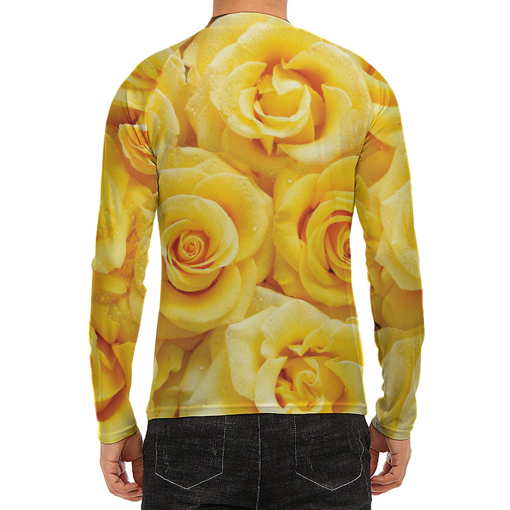 Yellow Rose Print Men's Long Sleeve Rash Guard