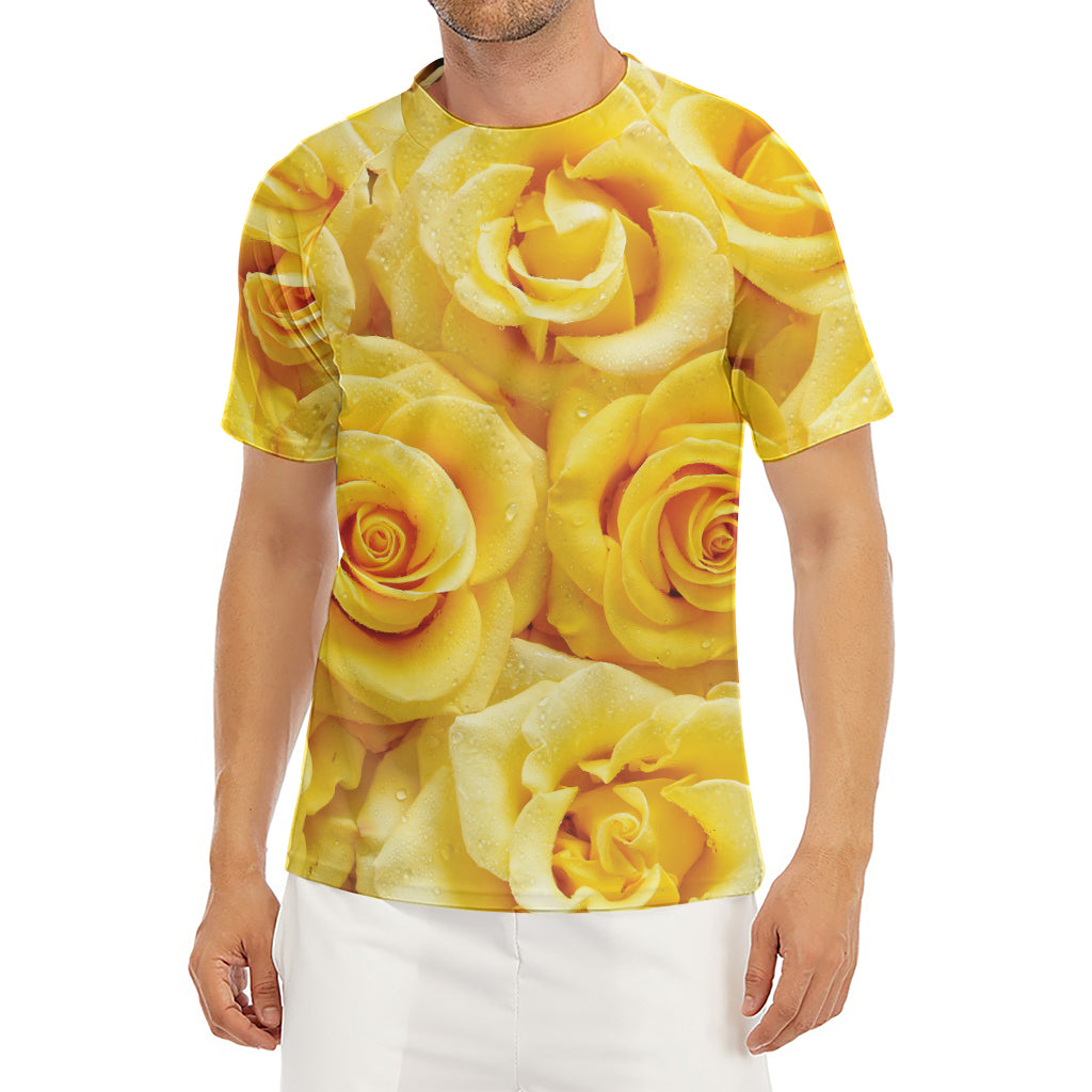 Yellow Rose Print Men's Short Sleeve Rash Guard