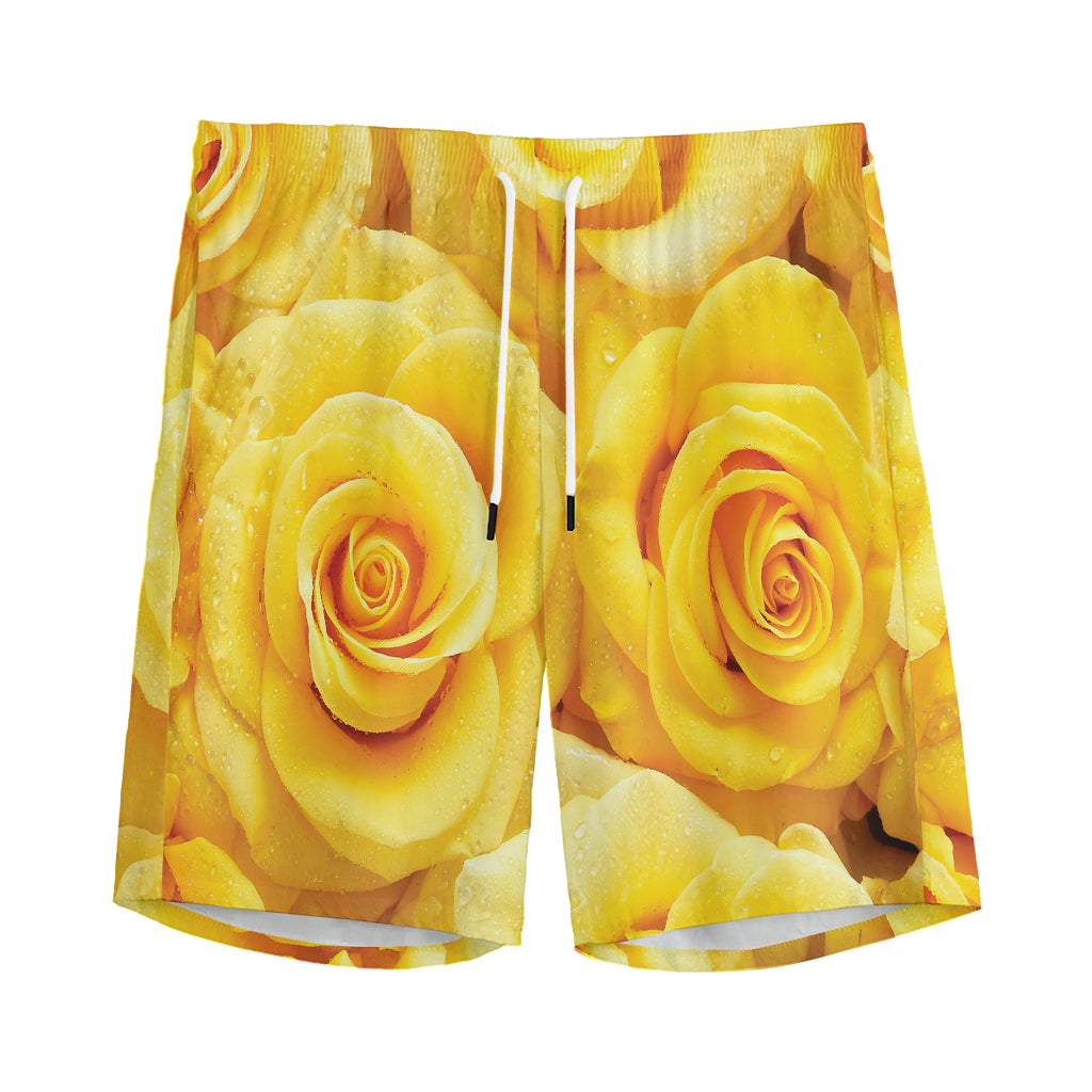 Yellow Rose Print Men's Sports Shorts
