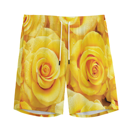 Yellow Rose Print Men's Sports Shorts