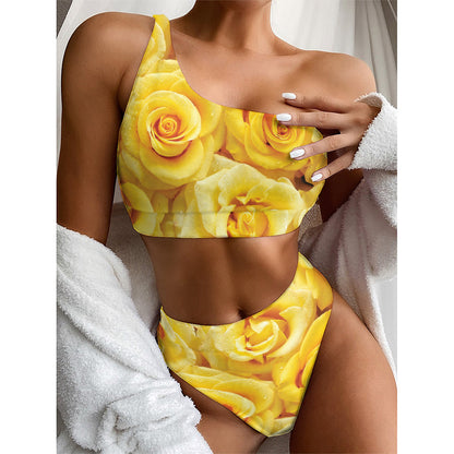 Yellow Rose Print One Shoulder Bikini Top