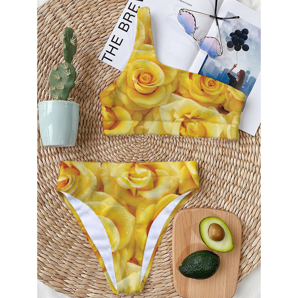 Yellow Rose Print One Shoulder Bikini Top