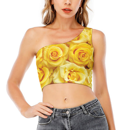 Yellow Rose Print One Shoulder Crop Top