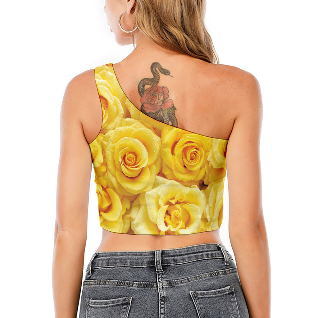 Yellow Rose Print One Shoulder Crop Top