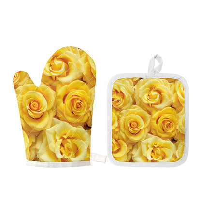 Yellow Rose Print Oven Mitt And Pot Holder Set